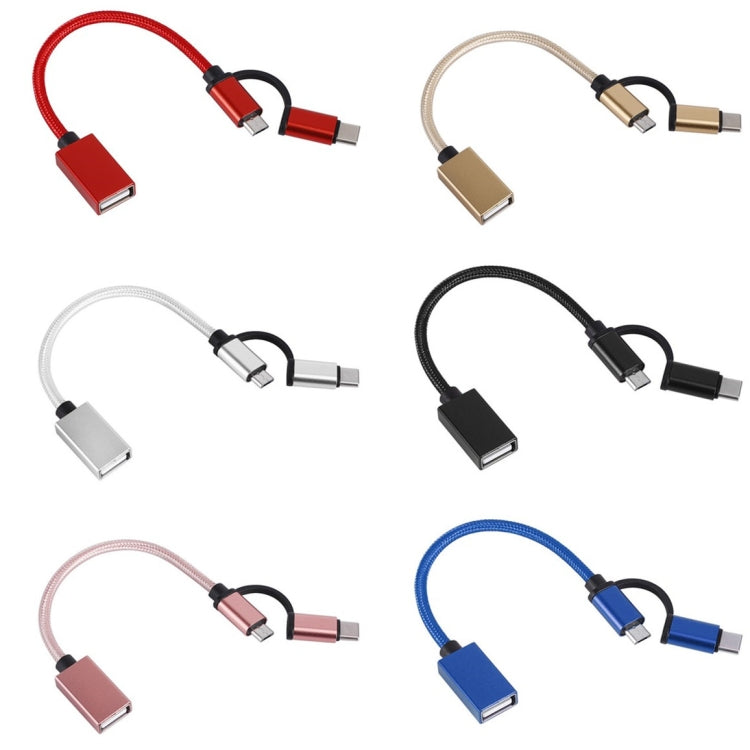 USB 3.0 Female to Micro USB + USB-C / Type-C Male Charging + Transmission OTG Nylon Braided Adapter Cable, Cable Length: 19cm, Golden, Silver, Black, Pink, Blue, Red