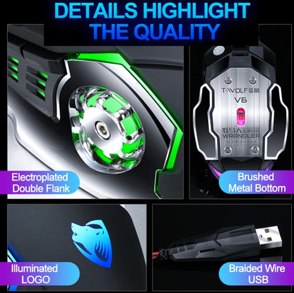 T-WOLF V6 USB Interface 6-Buttons 3200 DPI Wired Mouse Gaming Mechanical Macro Programming 7-Color Luminous Gaming Mouse, Cable Length: 1.5m, Macro Definition Audio Version Black Silver, Macro Definition Audio Version Iron Gray                         ...