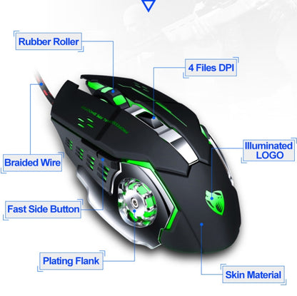 T-WOLF V6 USB Interface 6-Buttons 3200 DPI Wired Mouse Gaming Mechanical Macro Programming 7-Color Luminous Gaming Mouse, Cable Length: 1.5m, Macro Definition Audio Version Black Silver, Macro Definition Audio Version Iron Gray                         ...