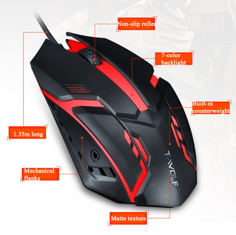 2 PCS T-WOLF V1 USB Interface 3-Buttons 1200 DPI Wired Mouse 7-Color Backlit Gaming Mouse, Cable Length: 1.35m
