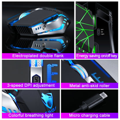 T-WOLF Q15 6-Buttons 1600 DPI Wireless Rechargeable Mute Office Gaming Mouse with 7 Color Breathing Light, Technology Black, Stars Black, Pearl White