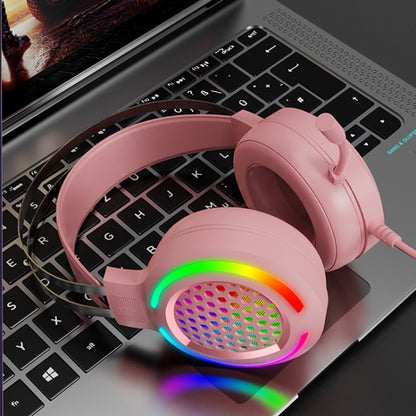 FOREV G99 USB RGBHead-Mounted Wired Headset With Microphone, Style:, Standard Version  (Colorful Light Pink )