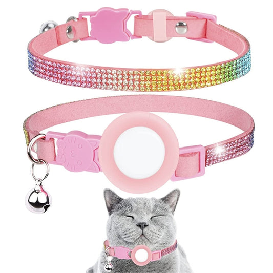 Rhinestone Pet Collar with Bell for AirTag 2nd Gen / AirTag 1st Gen Tracker Case, White Diamond Black, Color Diamond Pink, Color Diamond Black