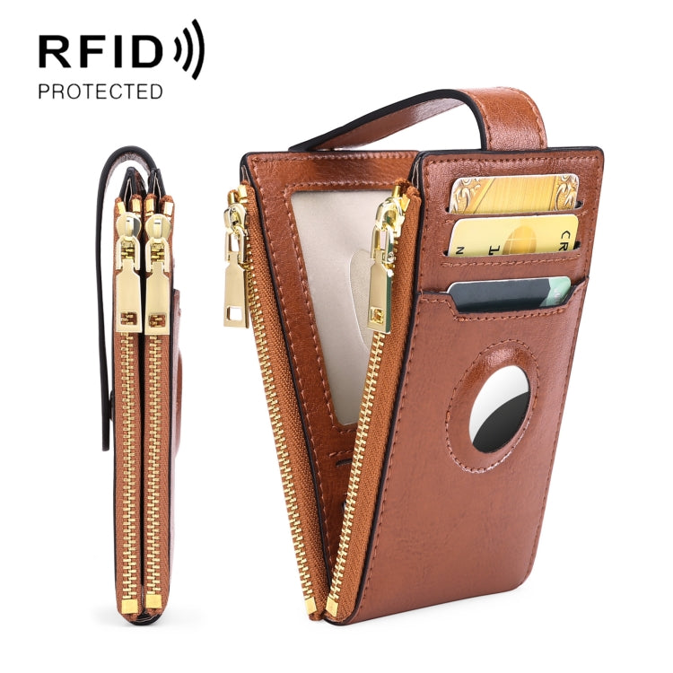 Two Layer Oil Waxed Leather Zip RFID  Coin Purse Tracker Card Holder For AirTag