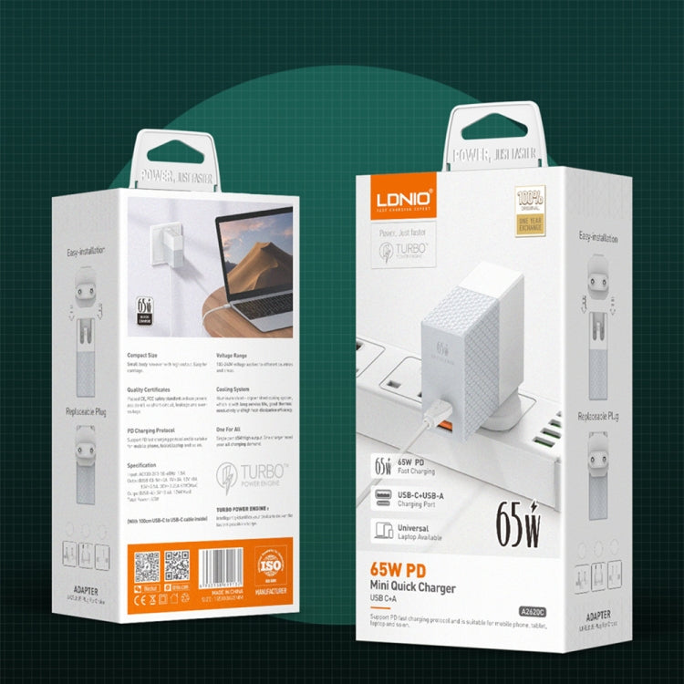 LDNIO A2620C 65W Universal Phone Tablet Charger Type-C/USB-C Port Fast Charger, 65W EU Plug, 65W UK Plug, 65W US Plug