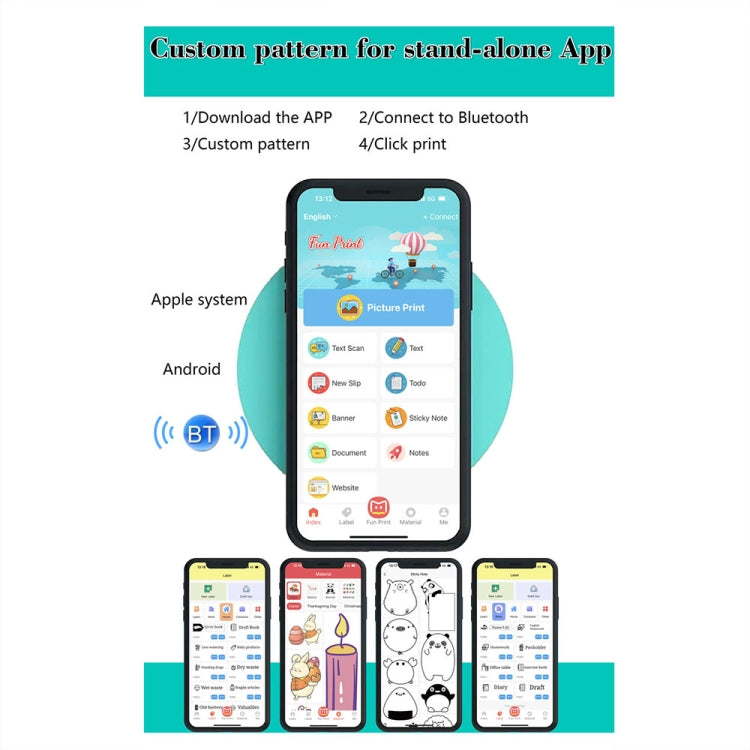 C22 Colorful Ambient Light Portable Mini Inkless Thermal Bluetooth Printer Error Question Label Printer, White, Blue