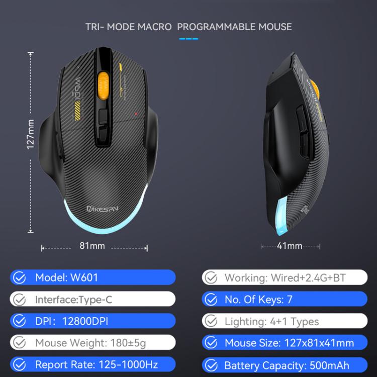 MKESPN W601 Silent Wireless Tri-mode Macro Gaming Mouse Carbon Fiber 12800DPI Bluetooth Mouse