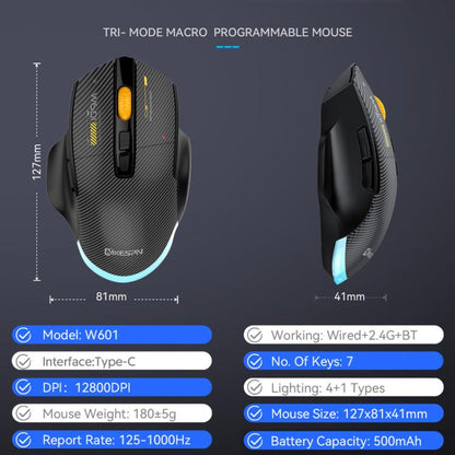 MKESPN W601 Silent Wireless Tri-mode Macro Gaming Mouse Carbon Fiber 12800DPI Bluetooth Mouse