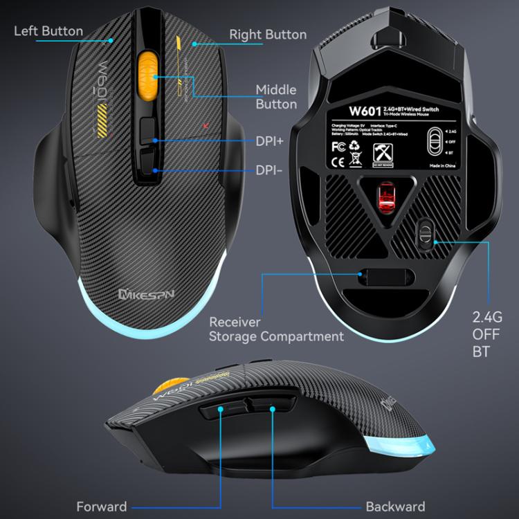 MKESPN W601 Silent Wireless Tri-mode Macro Gaming Mouse Carbon Fiber 12800DPI Bluetooth Mouse