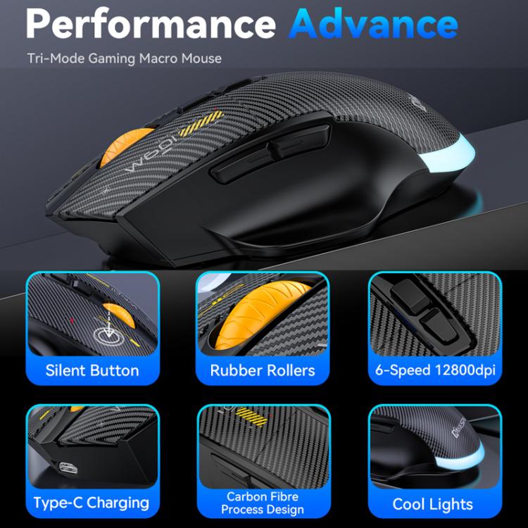 MKESPN W601 Silent Wireless Tri-mode Macro Gaming Mouse Carbon Fiber 12800DPI Bluetooth Mouse
