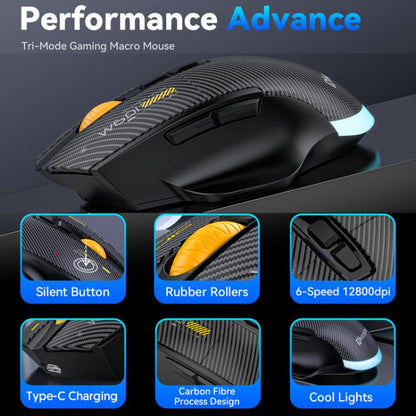 MKESPN W601 Silent Wireless Tri-mode Macro Gaming Mouse Carbon Fiber 12800DPI Bluetooth Mouse