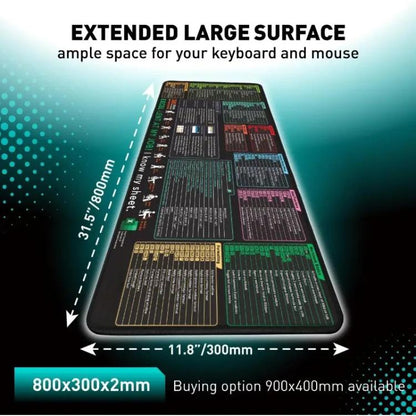 Keyboard Shortcut Desk Mat Mouse Pad Non-Slip Office Desk Pad With Computer Commands, 300x800x2mm, 300x800x3mm, 400x800x2mm, 400x800x3mm