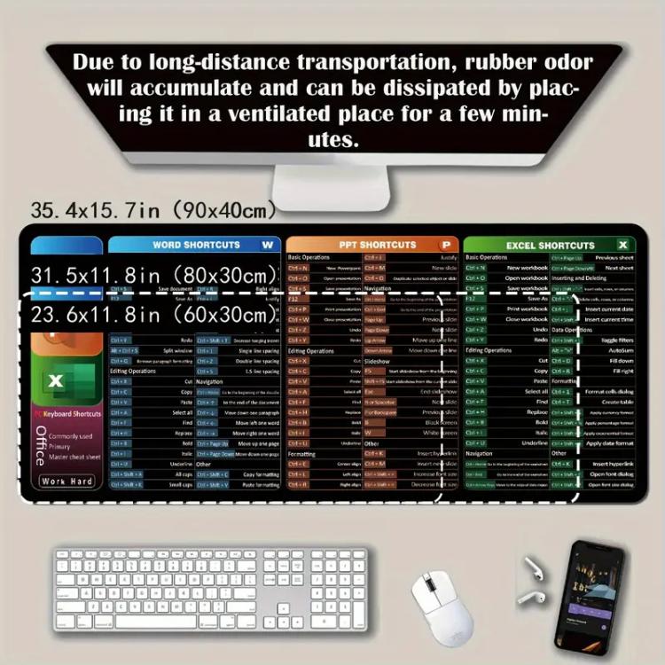 Keyboard Shortcut Desk Mat Mouse Pad Non-Slip Office Desk Pad With Computer Commands, 300x800x2mm, 300x800x3mm, 400x800x2mm, 400x800x3mm