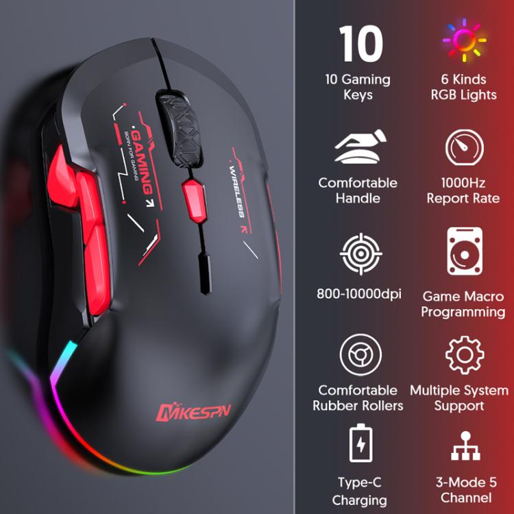 MKESPN W12 Tri-Mode 5-Channel Gaming Mouse 10-Key 10000 DPI Ambidextrous Design RGB Macro Mouse