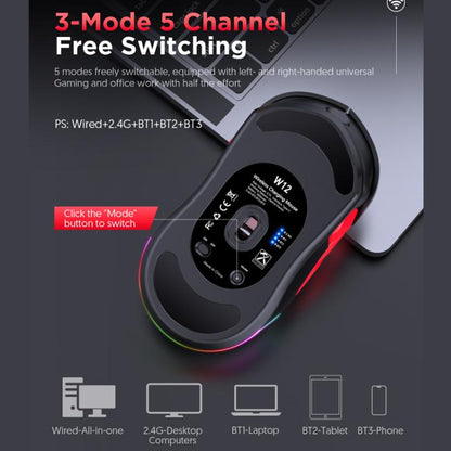 MKESPN W12 Tri-Mode 5-Channel Gaming Mouse 10-Key 10000 DPI Ambidextrous Design RGB Macro Mouse