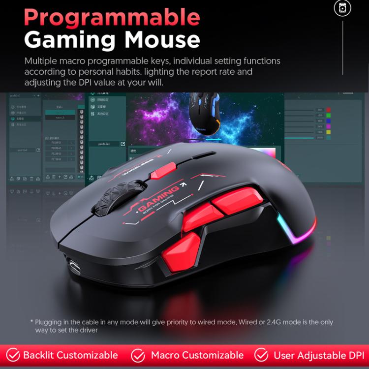 MKESPN W12 Tri-Mode 5-Channel Gaming Mouse 10-Key 10000 DPI Ambidextrous Design RGB Macro Mouse