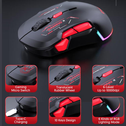 MKESPN W12 Tri-Mode 5-Channel Gaming Mouse 10-Key 10000 DPI Ambidextrous Design RGB Macro Mouse