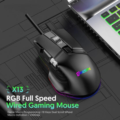 MKESPN X13 RGB Full Speed Wired Gaming Mouse 12400 DPI 10-Key Dual Scroll Wheel Swing Macro Programmable Mouse, X13