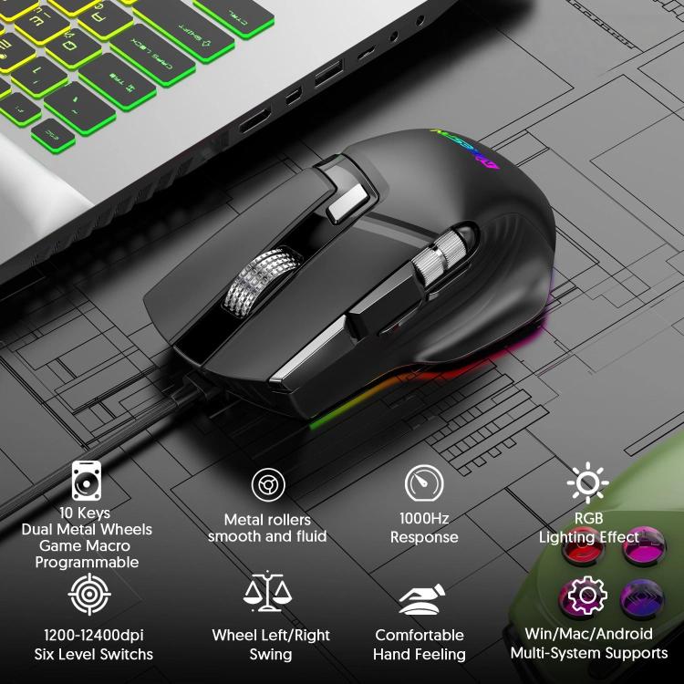MKESPN X13 RGB Full Speed Wired Gaming Mouse 12400 DPI 10-Key Dual Scroll Wheel Swing Macro Programmable Mouse, X13