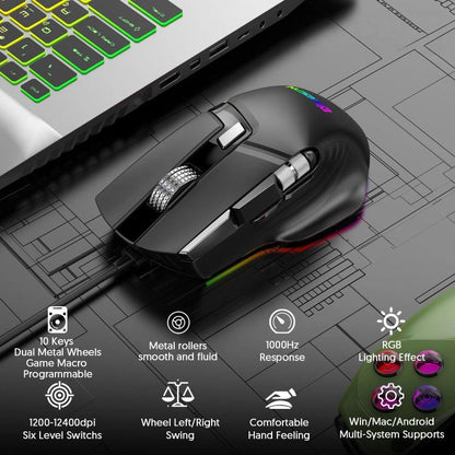 MKESPN X13 RGB Full Speed Wired Gaming Mouse 12400 DPI 10-Key Dual Scroll Wheel Swing Macro Programmable Mouse, X13