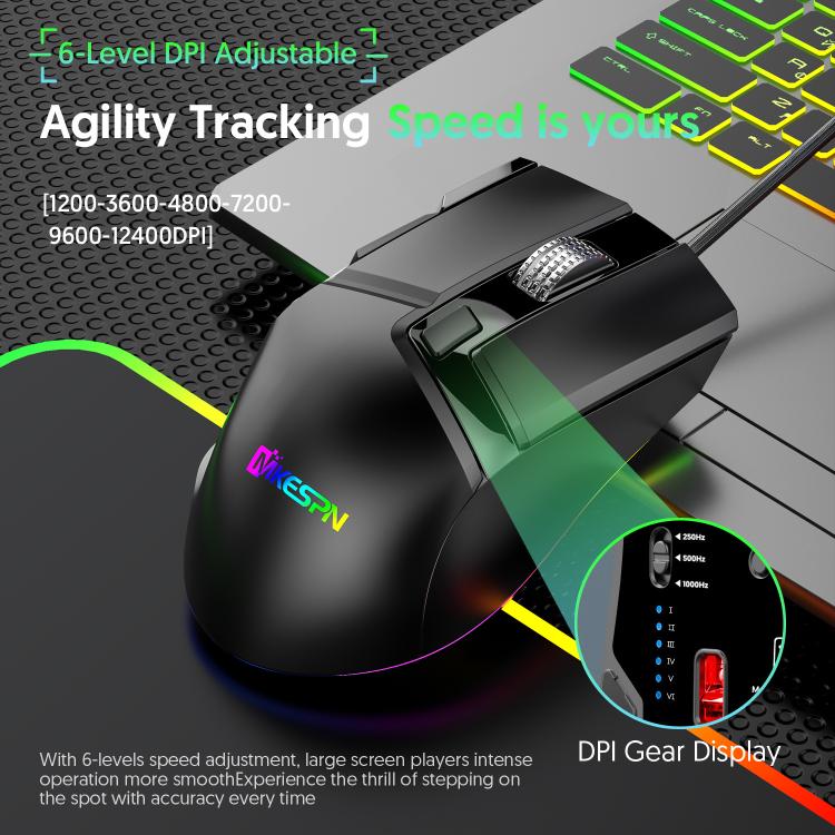 MKESPN X13 RGB Full Speed Wired Gaming Mouse 12400 DPI 10-Key Dual Scroll Wheel Swing Macro Programmable Mouse, X13