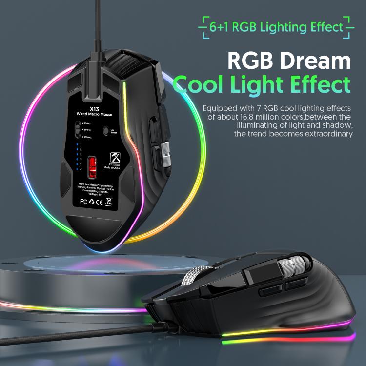 MKESPN X13 RGB Full Speed Wired Gaming Mouse 12400 DPI 10-Key Dual Scroll Wheel Swing Macro Programmable Mouse, X13