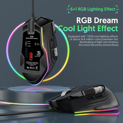 MKESPN X13 RGB Full Speed Wired Gaming Mouse 12400 DPI 10-Key Dual Scroll Wheel Swing Macro Programmable Mouse, X13