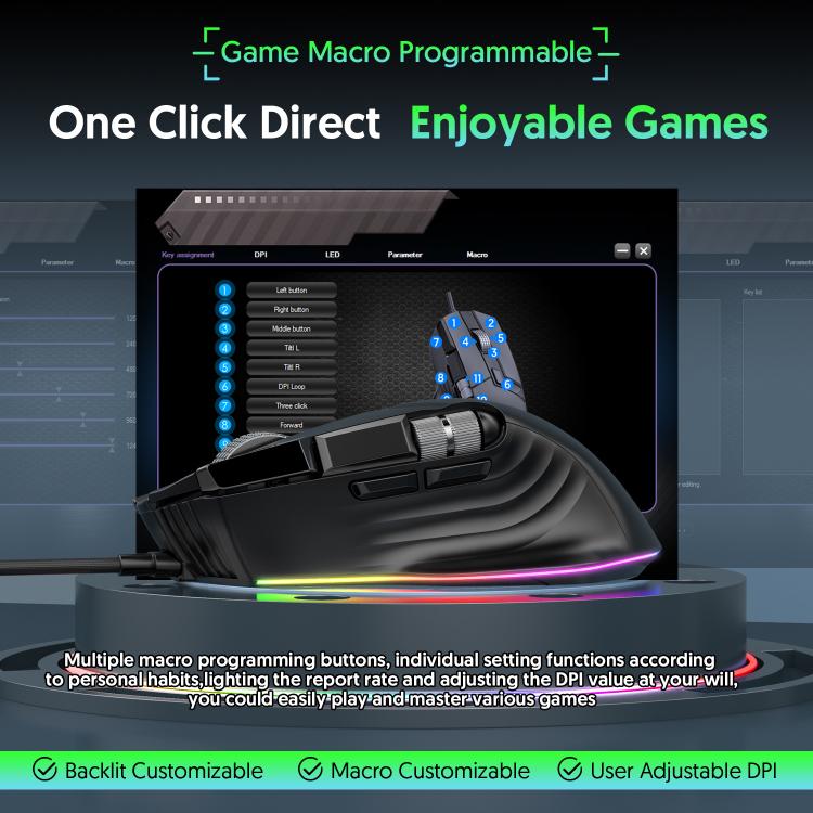 MKESPN X13 RGB Full Speed Wired Gaming Mouse 12400 DPI 10-Key Dual Scroll Wheel Swing Macro Programmable Mouse, X13
