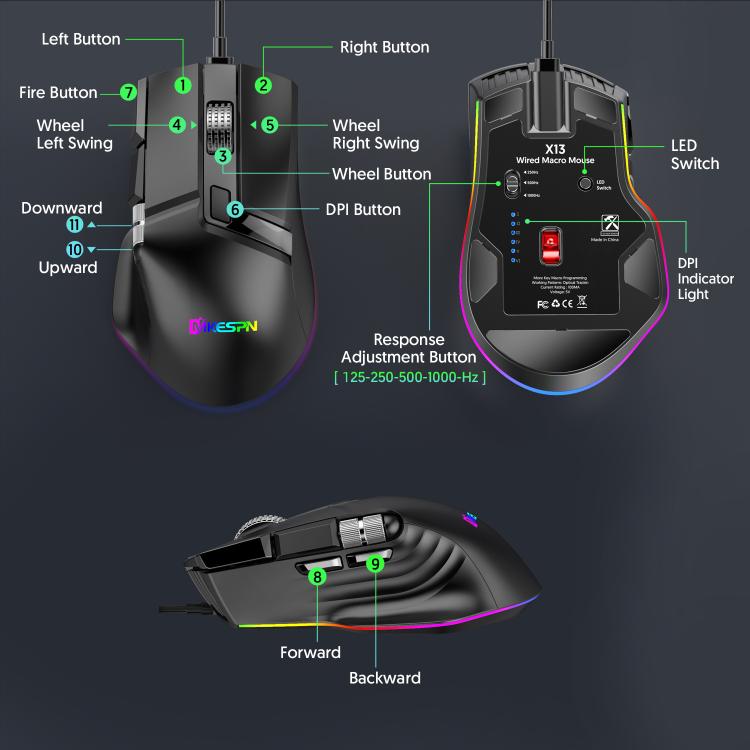 MKESPN X13 RGB Full Speed Wired Gaming Mouse 12400 DPI 10-Key Dual Scroll Wheel Swing Macro Programmable Mouse, X13