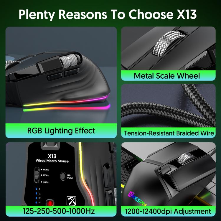 MKESPN X13 RGB Full Speed Wired Gaming Mouse 12400 DPI 10-Key Dual Scroll Wheel Swing Macro Programmable Mouse, X13