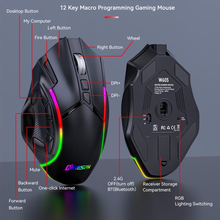 MKESPN W605 Triple-Mode 24000 DPI 12-key Wireless Gaming Mouse Macro Customization